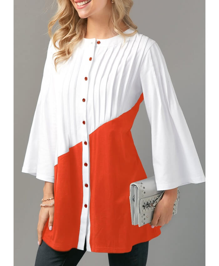 Orange Pleated Three Quarter Sleeve Button Up Blouse